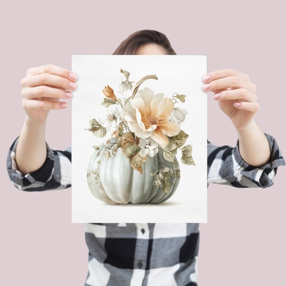 Watercolor Pumpkin with Flowers Wall Art Print Unframed - Cozy Autumn Elegance - Picture 4 of 6